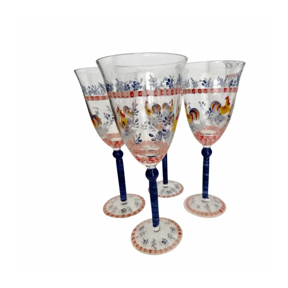 Hand Painted Rooster Glass Pitcher and 4 Glasses Set Cottage Farm Core